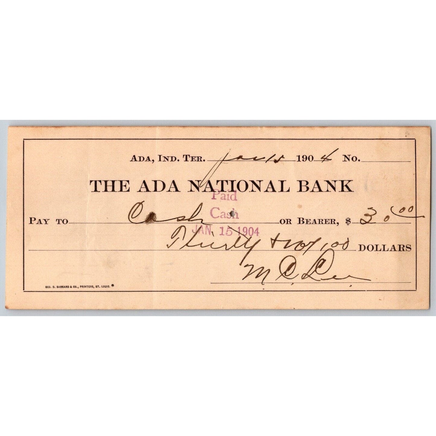 Ada, Oklahoma 1904 Indian Territory $30 Ada National Bank Check - Scarce
