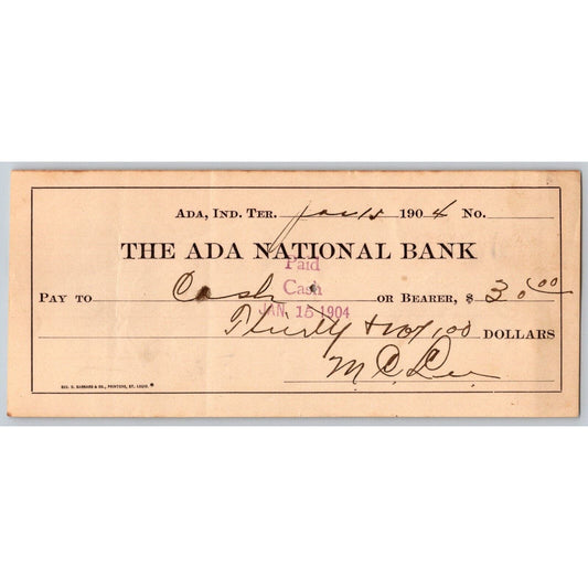 Ada, Oklahoma 1904 Indian Territory $30 Ada National Bank Check - Scarce