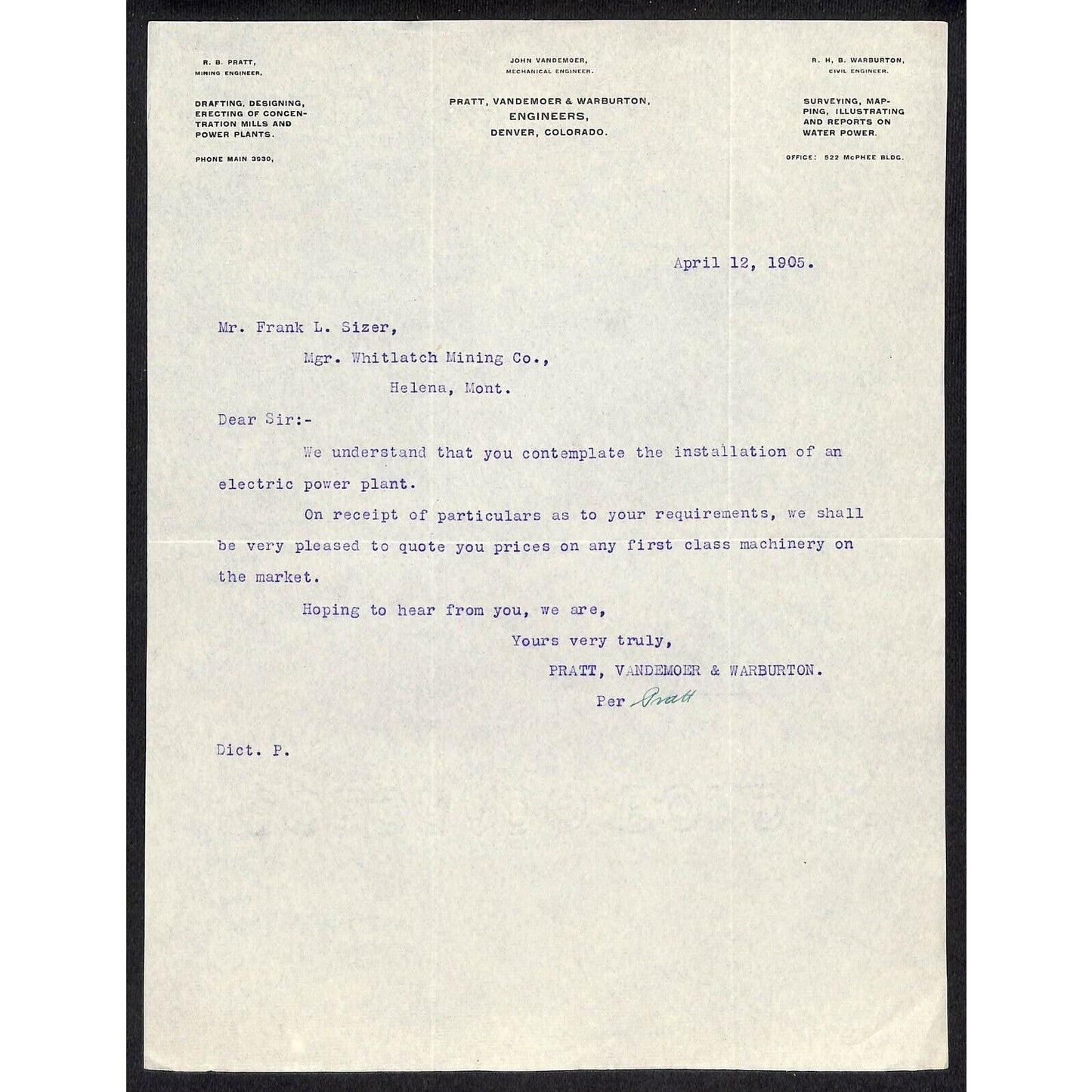 Denver, CO Pratt, Vandemoer & Warburton Engineers 1905 Letterhead