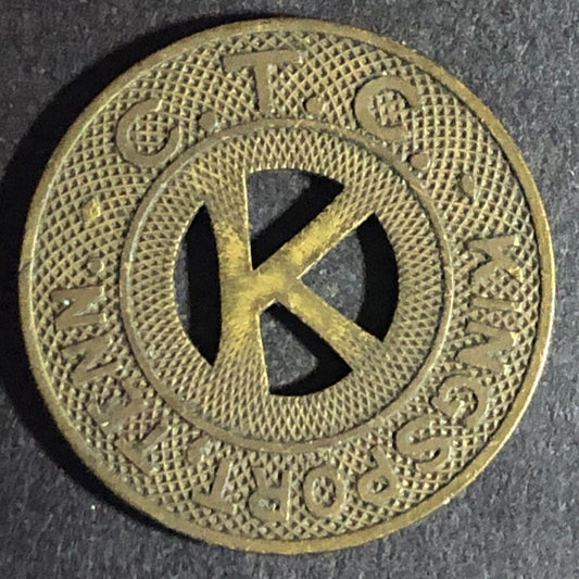 C.T.C Kingsport, TENN G/F One Fare Zone 1 "Hanging K" Token 23mm - Scarce