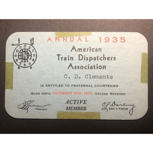 1935 American Train Dispatchers Association Membership Card C.D. Clements