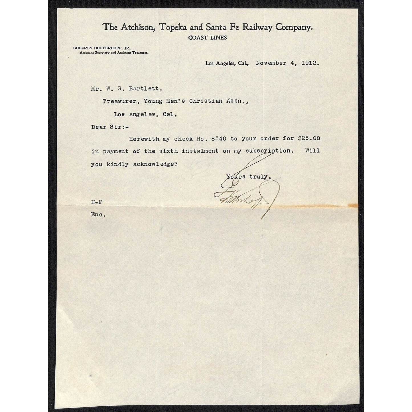 Atchison, Topeka and Santa Fe Railway Co. Los Angeles YMCA 1912 Letterhead