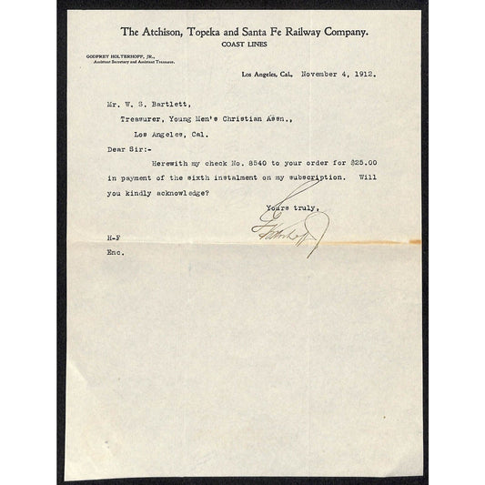 Atchison, Topeka and Santa Fe Railway Co. Los Angeles YMCA 1912 Letterhead