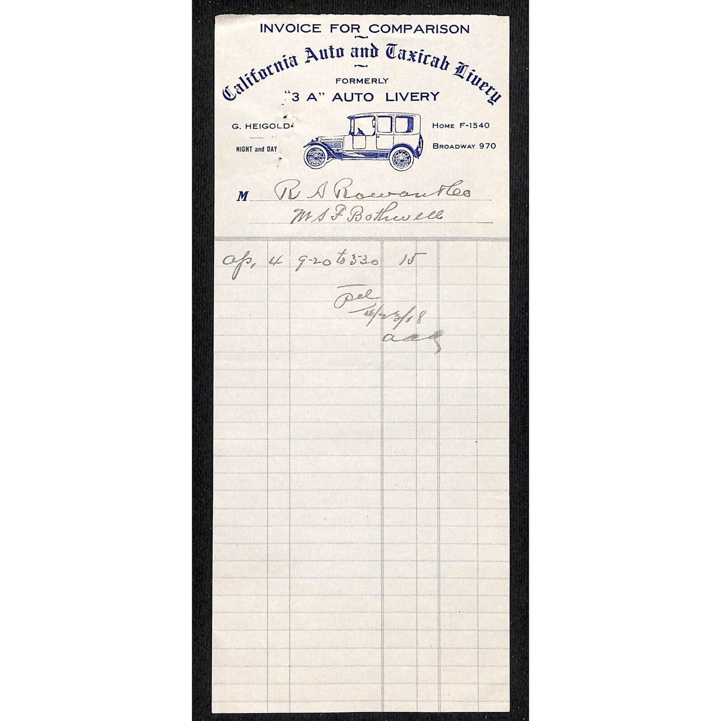 California Auto and Taxicab Livery April 4 1918 Billhead Letterhead R.A. Rowan