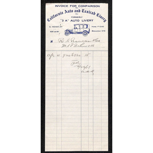 California Auto and Taxicab Livery April 4 1918 Billhead Letterhead R.A. Rowan