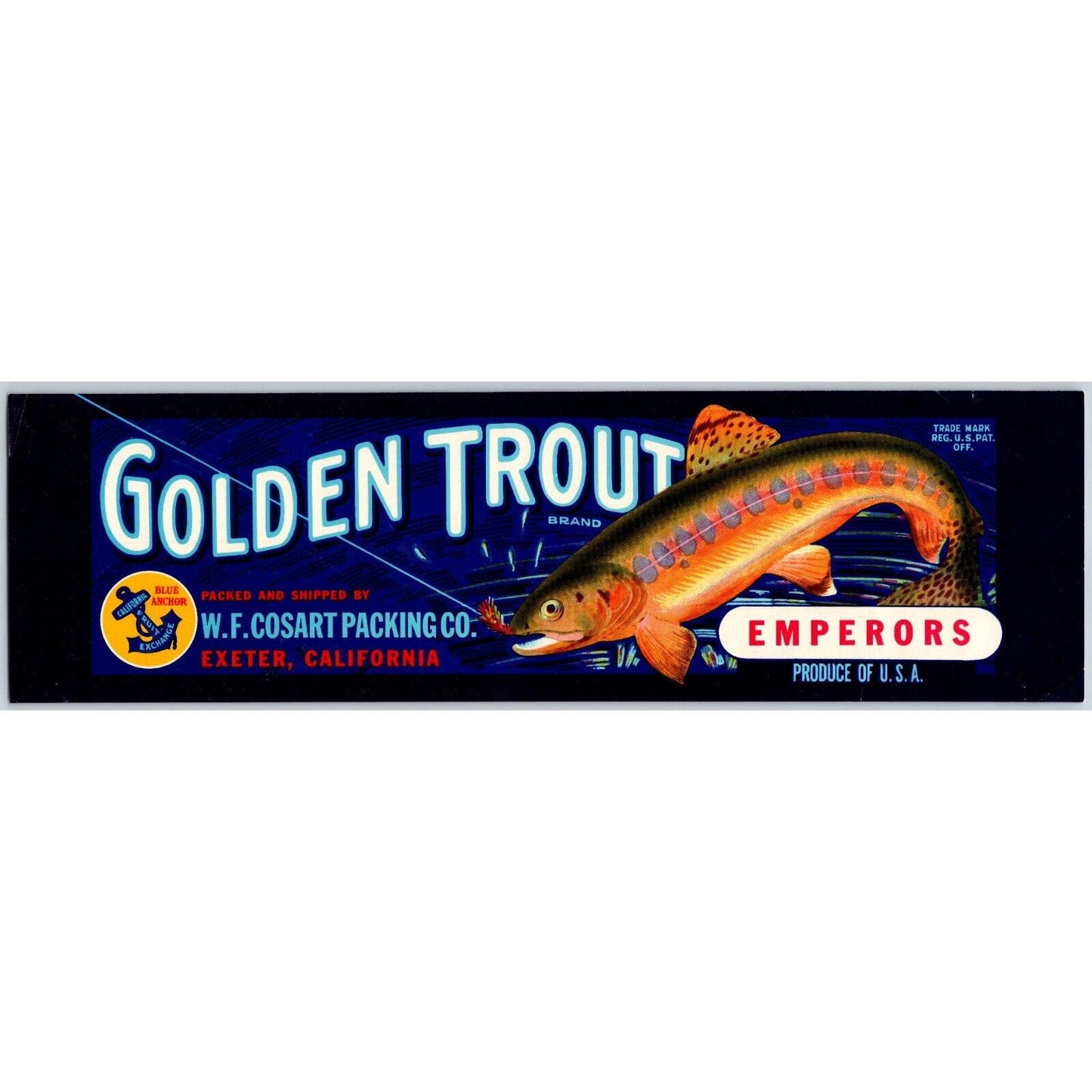Golden Trout Paper Crate Label Exeter, CA H.F. Cosart Fish on Hook c1950's-60's