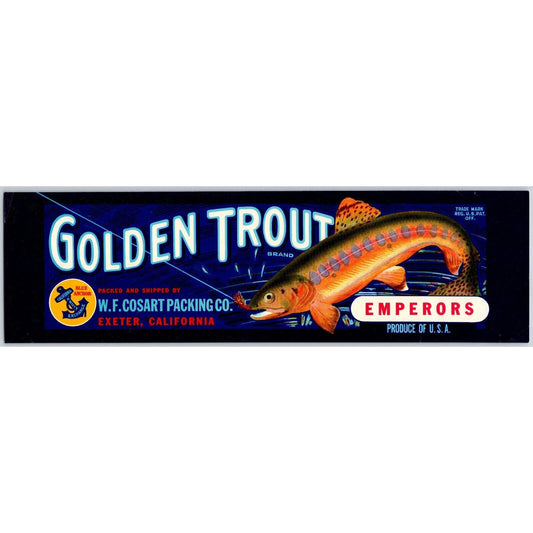 Golden Trout Paper Crate Label Exeter, CA H.F. Cosart Fish on Hook c1950's-60's
