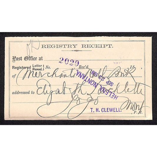 Helena Montana 1891 Post Office / Merchants National Bank Registry Receipt