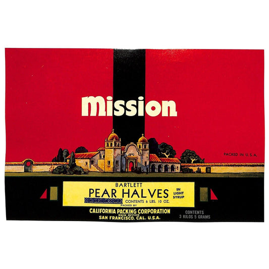 1947 Paper Fruit Can Label Mission Brand Bartlett Pear Halves Light VGC Scarce
