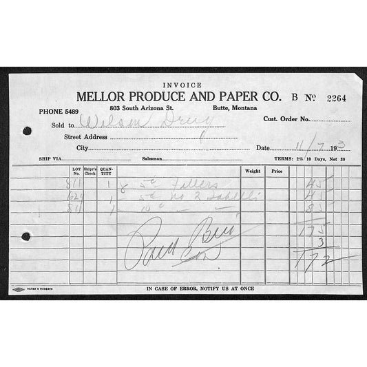 Mellor Produce and Paper Butte Montana 1933 Billhead Letterhead - Wilson Drug