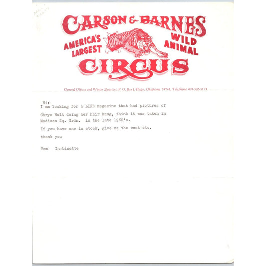 Carson & Barnes Wild Animal Circus Letterhead c1965-75 re: 60's Photo Scarce