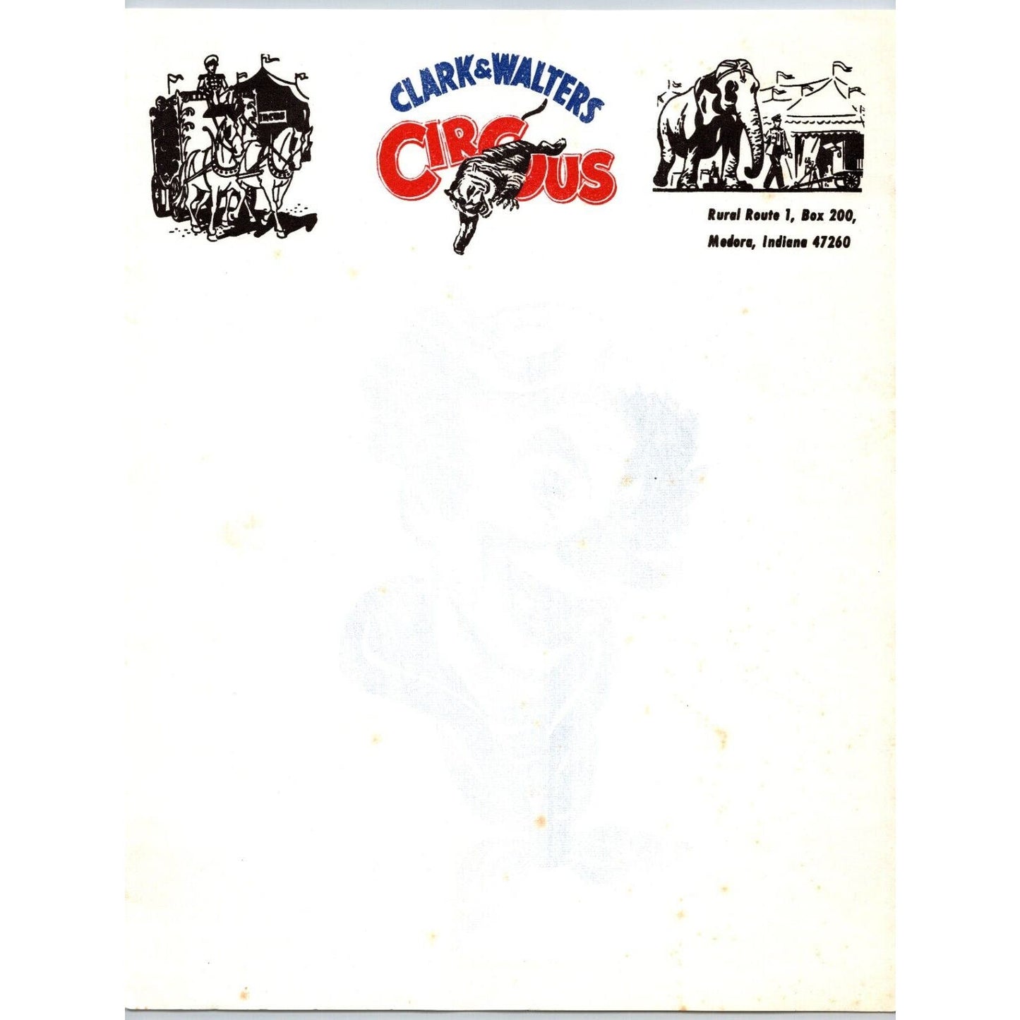 Clark & Walters Circus Letterhead Medora, IN c1950's Scarce
