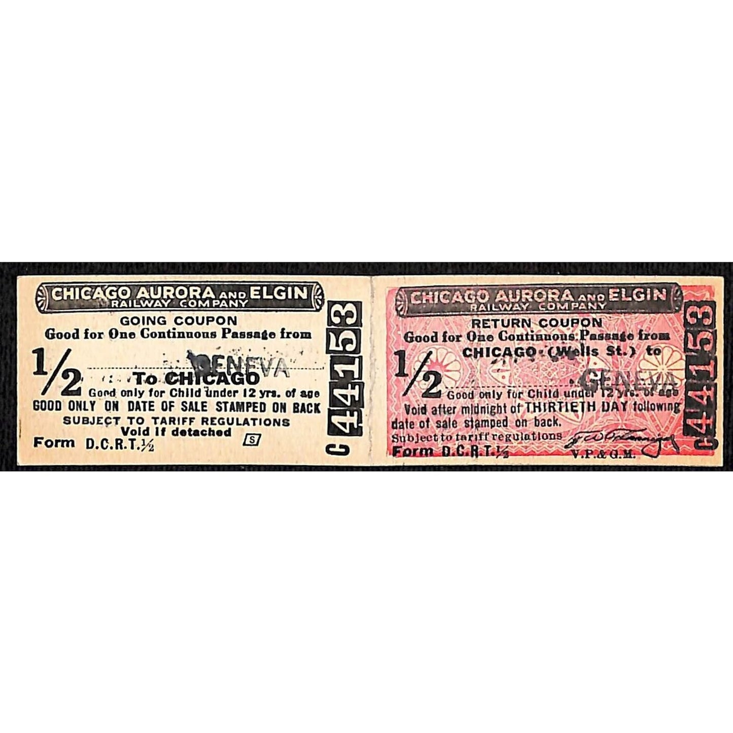 Chicago Aurora and Elgin 1902-57 2-way Attached Tickets Geneva