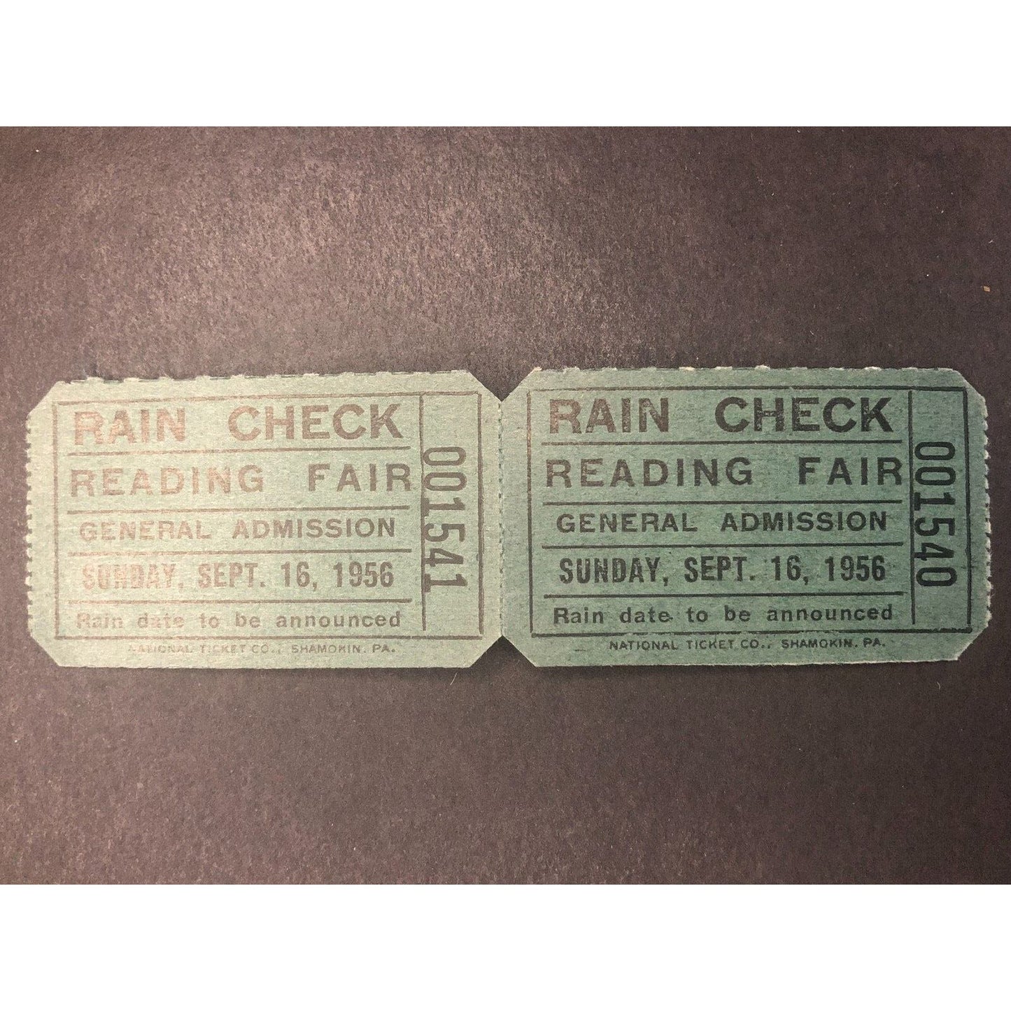 Pair of Auto Racing Rain Check Ticket 9/16 1956 Reading Fair Hinnershitz