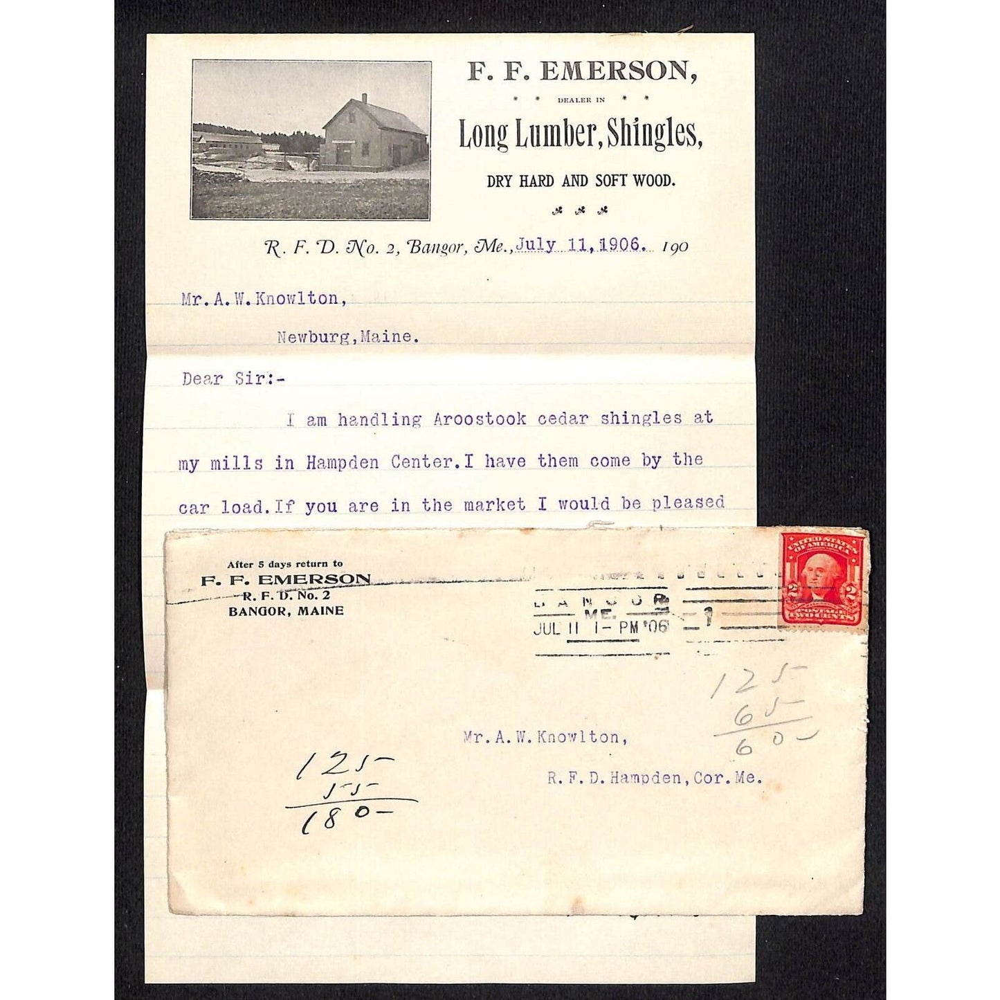 Newburgh ME Amos W. Knowlton* Bangor 1906 F.F. Emerson Lumber Shingle Letterhead
