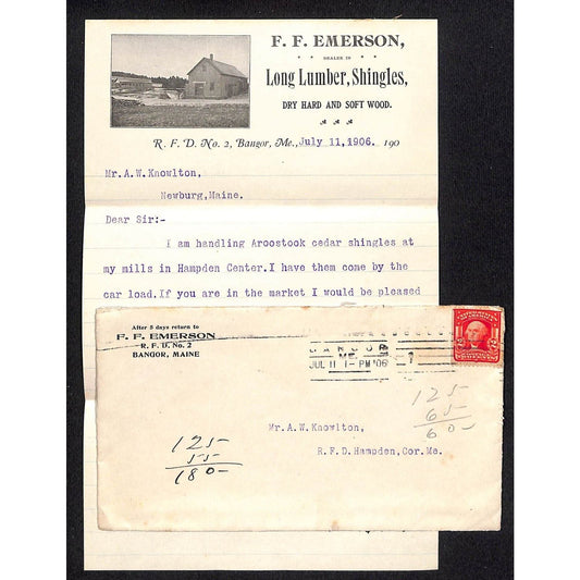 Newburgh ME Amos W. Knowlton* Bangor 1906 F.F. Emerson Lumber Shingle Letterhead