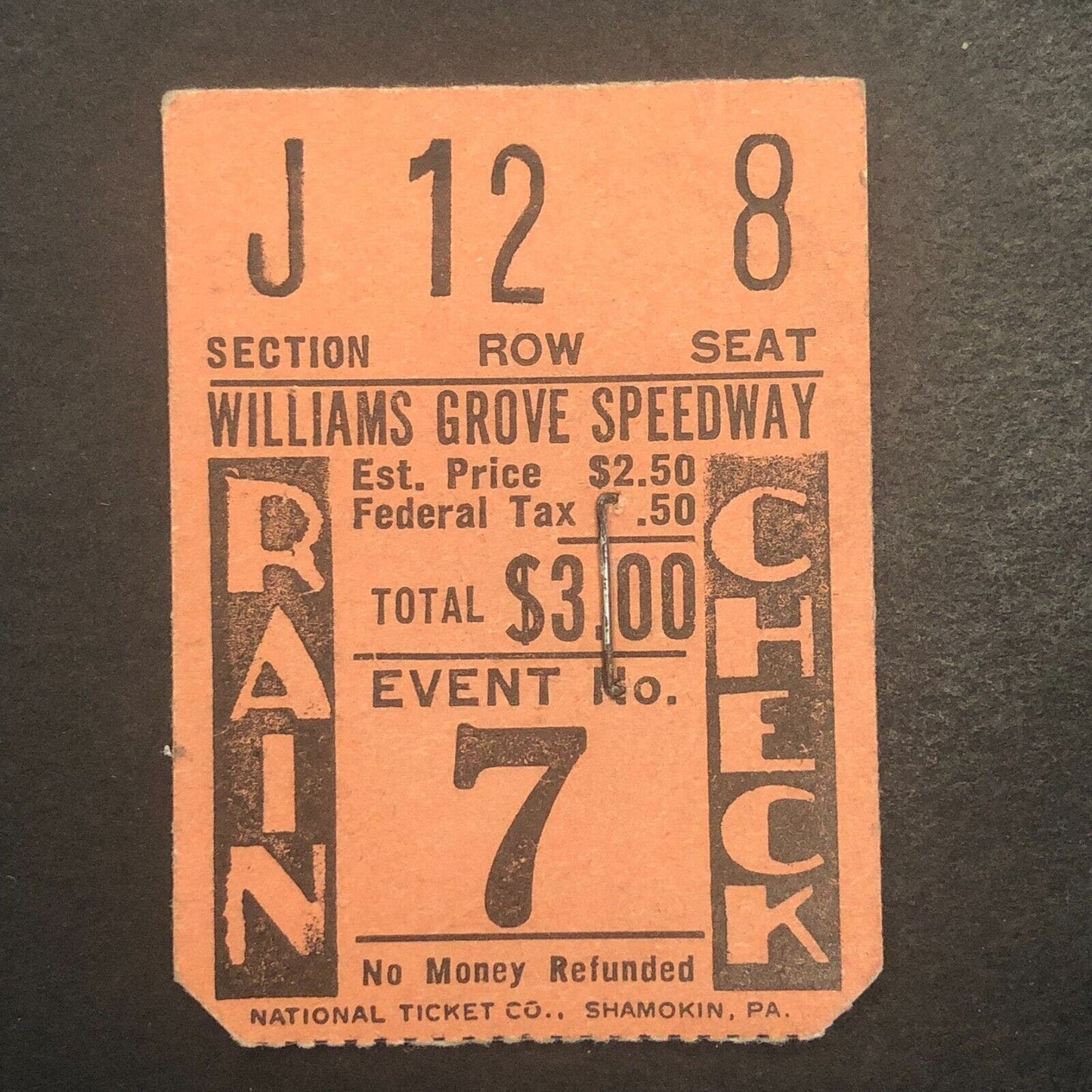 Williams Grove Speedway c1940's-50's Auto Racing Rain Check Ticket Stub Scarce