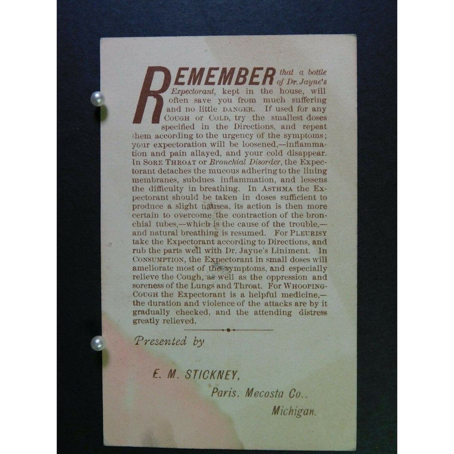 Victorian 1800's Advertising Trade Card - Dr. Jayne's Expectorant - Paris, MI