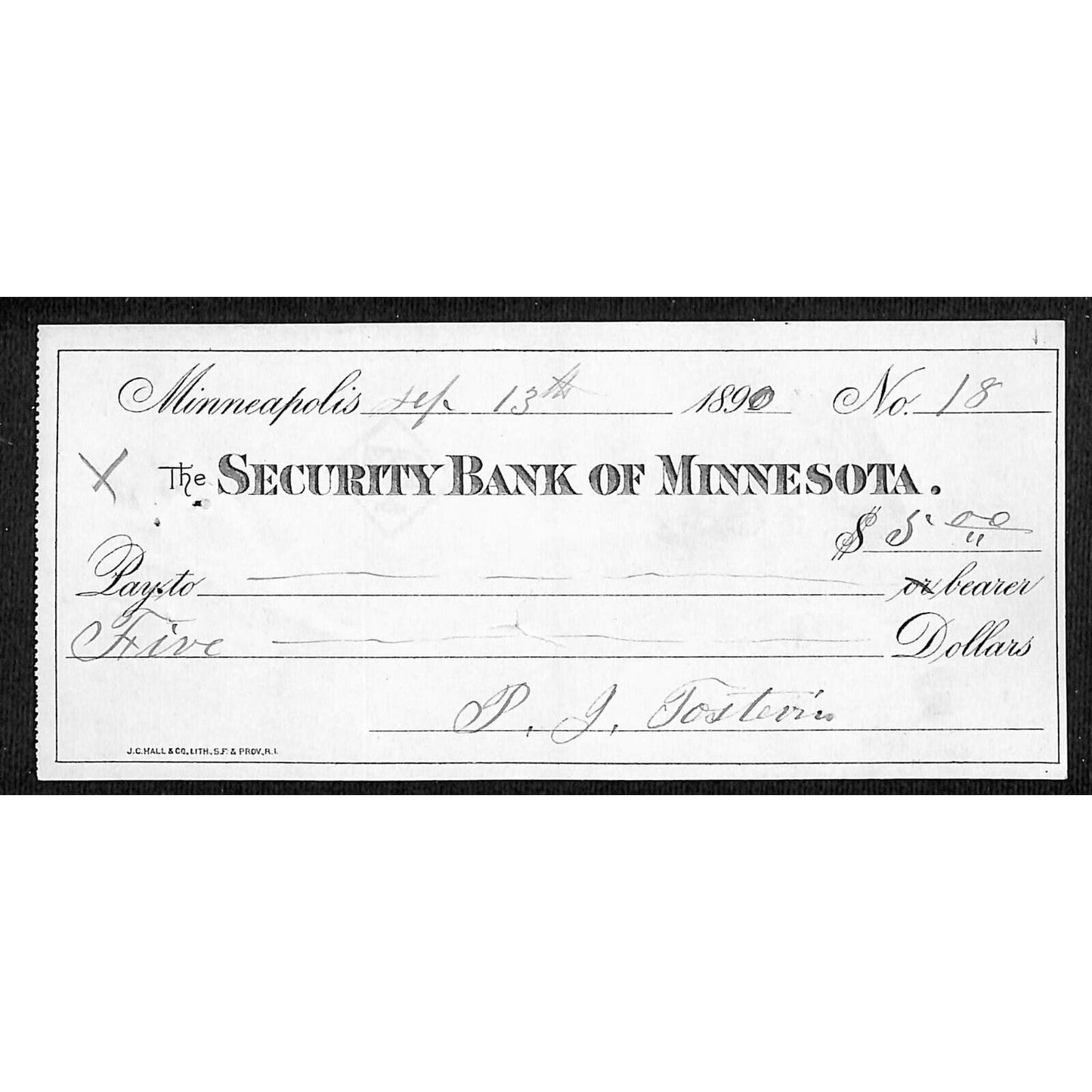 Minneapolis "Security Bank of Minnesota" $5 Bank Check 1890 - Scarce