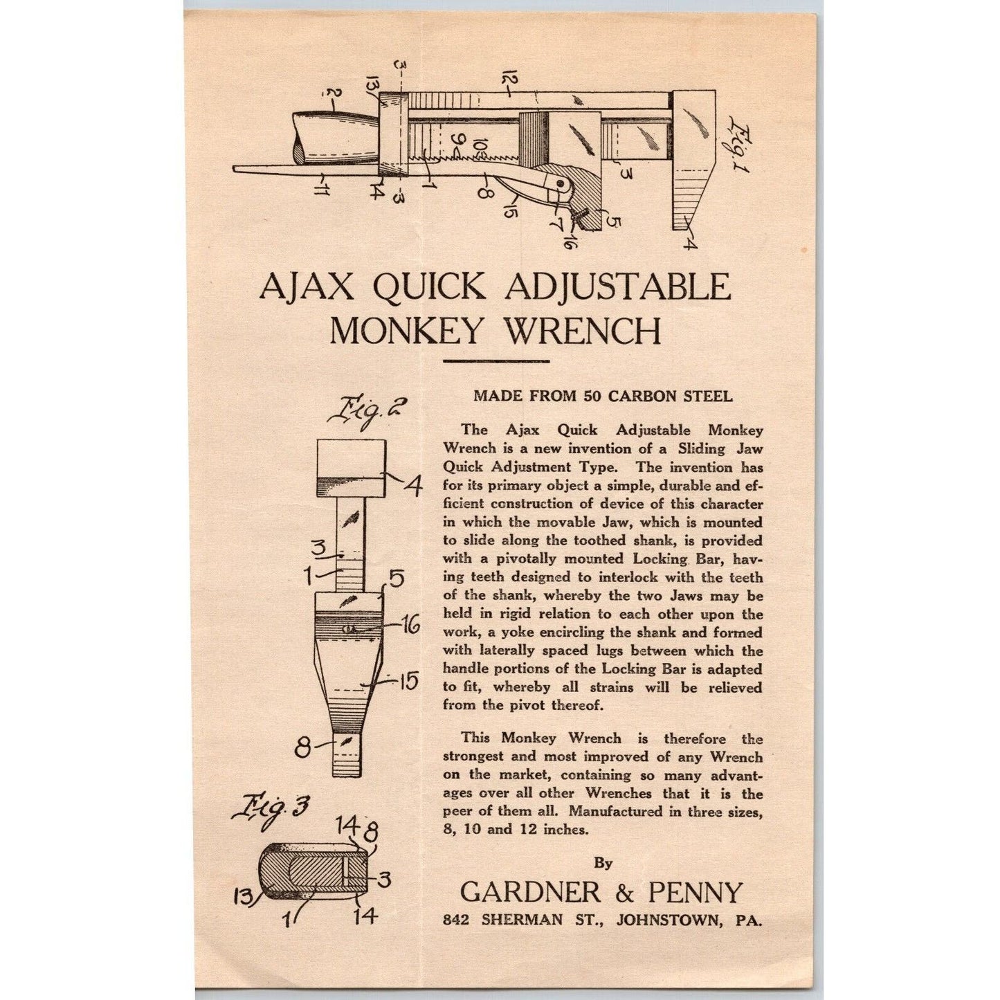 Johnstown, PA Gardner & Penny Co Ajax Quick Adj. Monkey Wrench Sales Sheet c1920