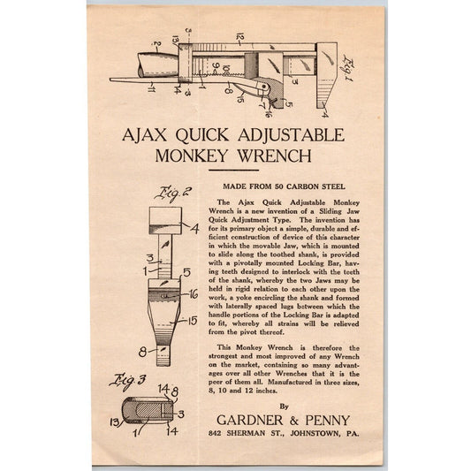 Johnstown, PA Gardner & Penny Co Ajax Quick Adj. Monkey Wrench Sales Sheet c1920