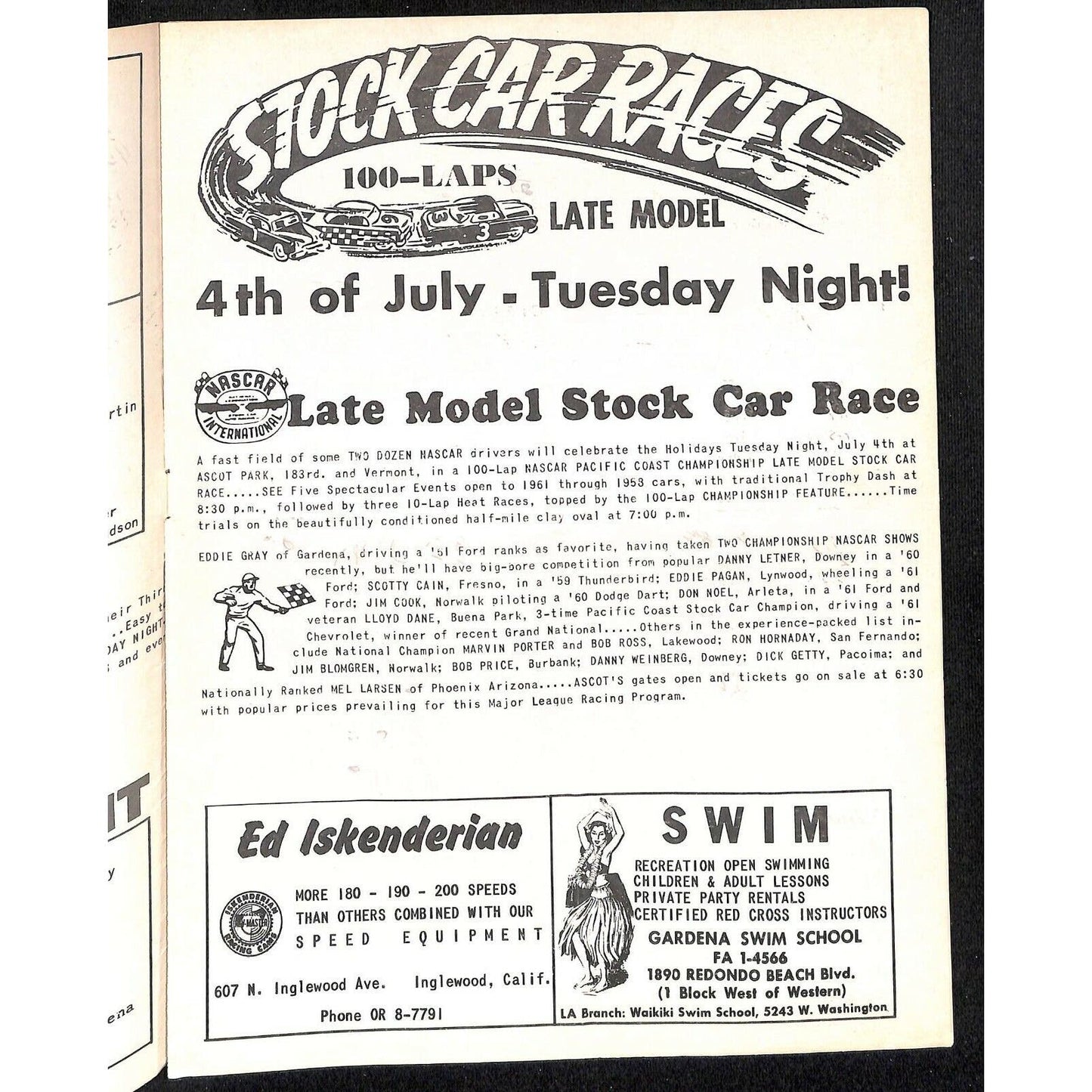 Scarce Jul 1 1961 Auto Racing CRA Big Car Program Ascot Gardena, CA 12pp