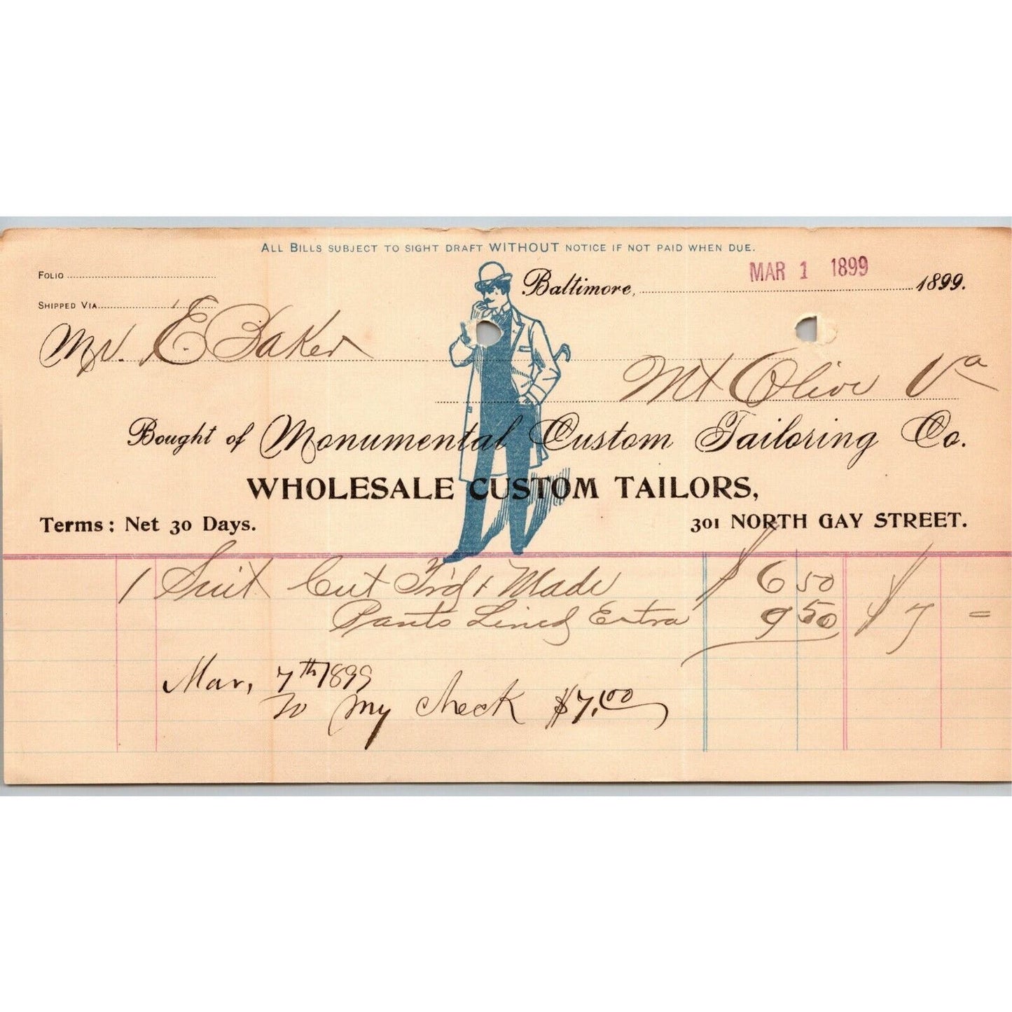 1899 Letterhead Billhead "Monumental Custom Tailors" Baltimore Ephraim Baker*