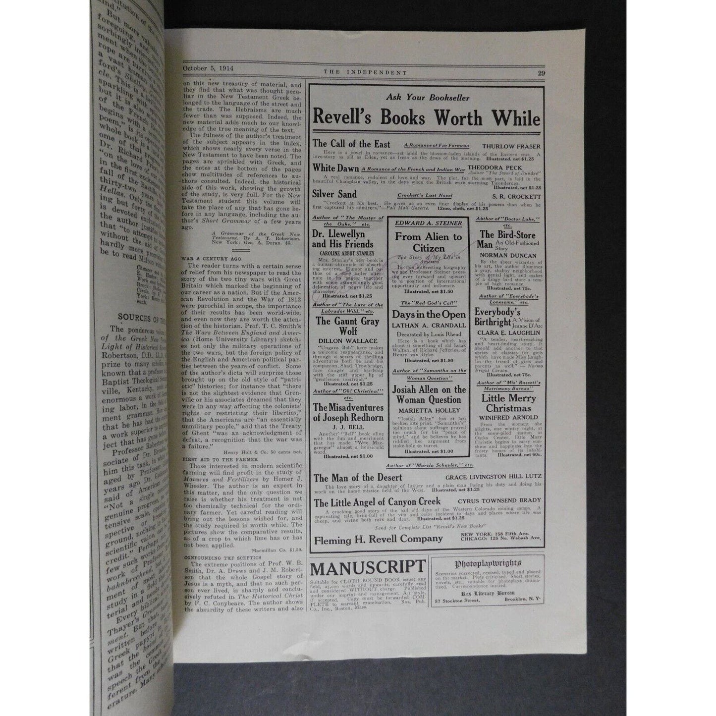 "The Independent Weekly" The Challenge of the Submarine Oct 5 1914 - 40 pgs.