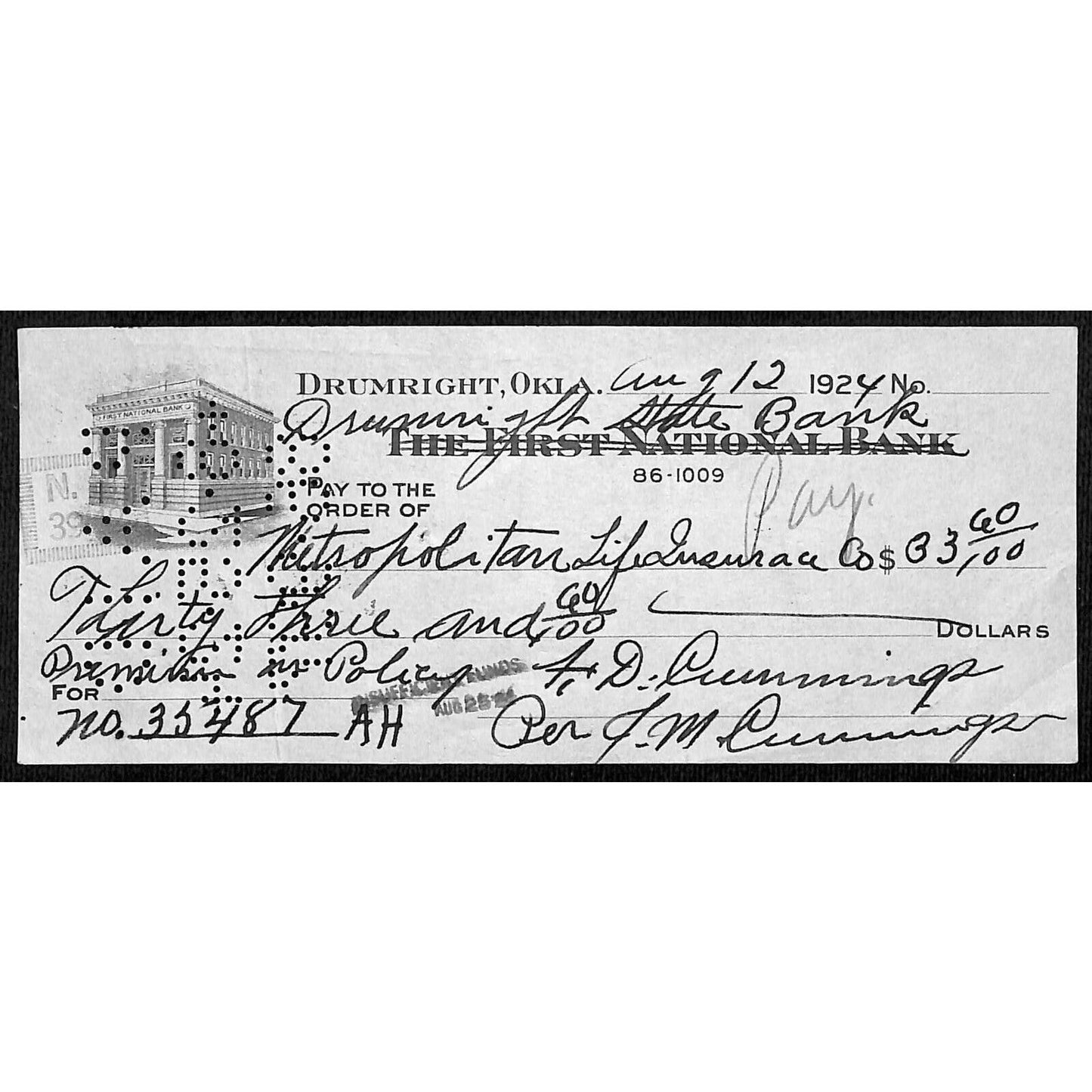 Drumright, OK 1924 "First National / Drumright" Bank Check - Scarce