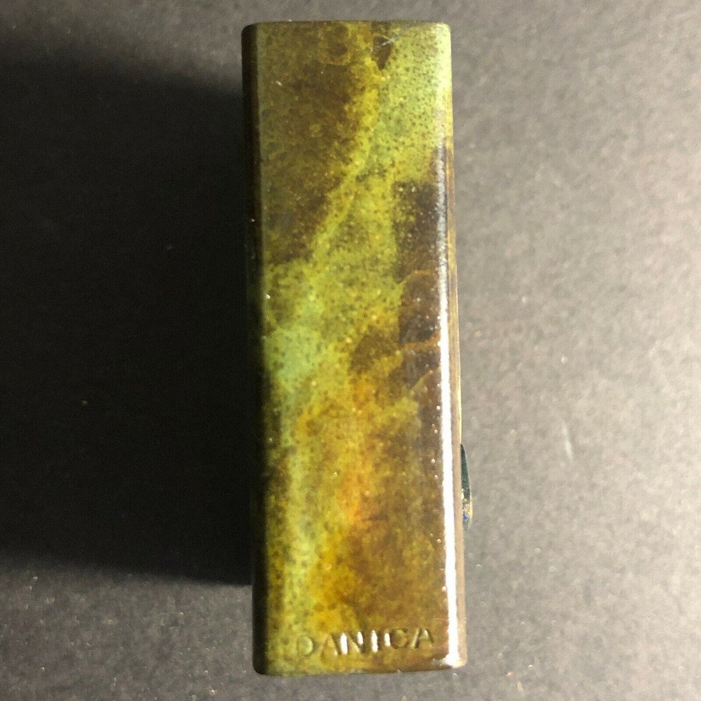 c1960's-70's Brass Colored Matchbox w/ Affixed Dansk Rigsvaben Enameled? Emblem