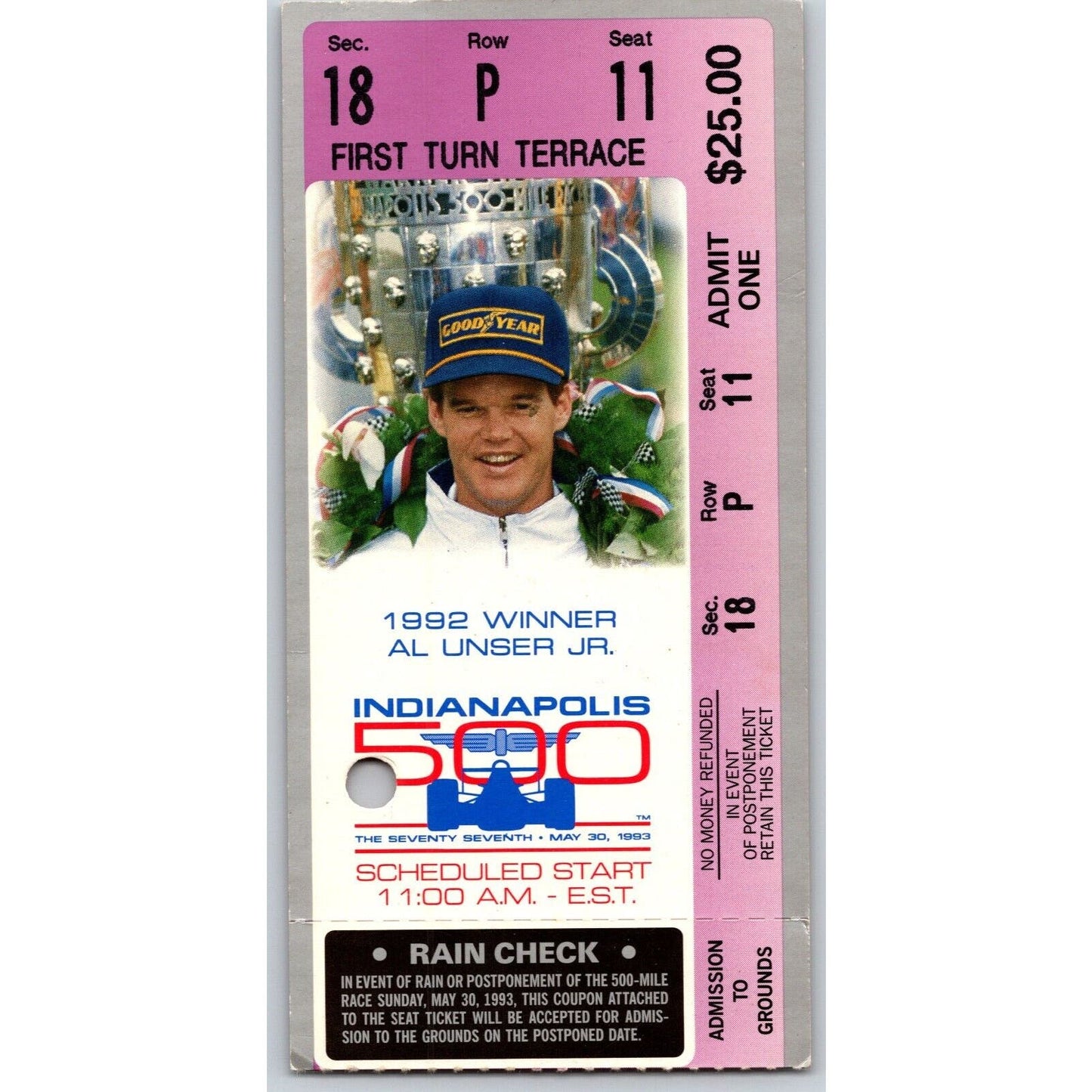 1993 Indianapolis 500 Ticket Stub Racing IMS Al Unser Jr. - seat 11