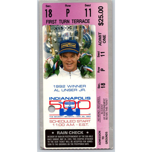 1993 Indianapolis 500 Ticket Stub Racing IMS Al Unser Jr. - seat 11