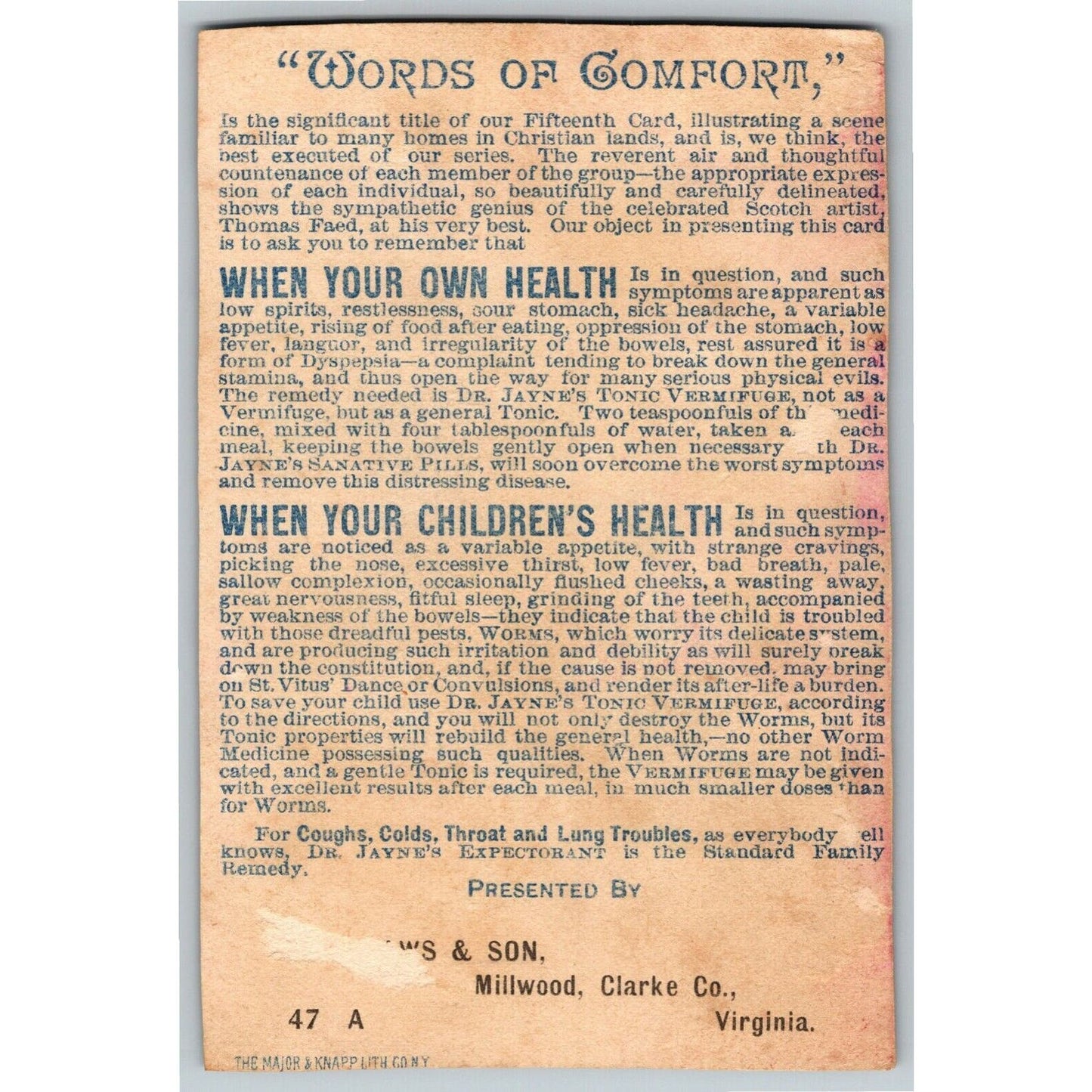 Dr. Jayne's Tonic Vermifuge - Millwood, VA - Victorian Trade Card