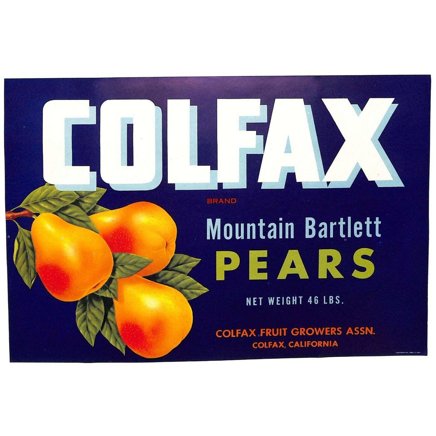 Colfax Mountain Bartlett Pears Vintage Original Paper Fruit Crate Label CA