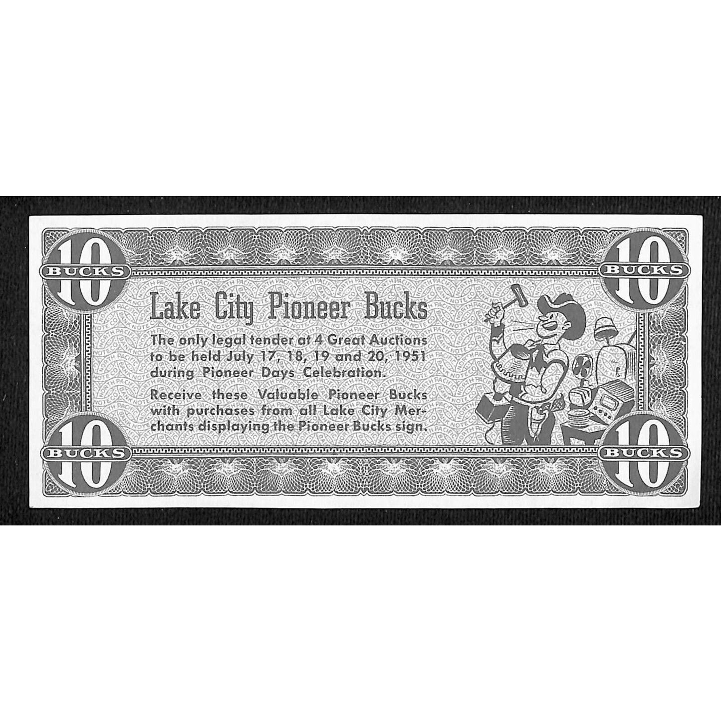 Lake City Pioneer Bucks "10 Bucks" Coupon 1951 Auctions / Celebration - City?