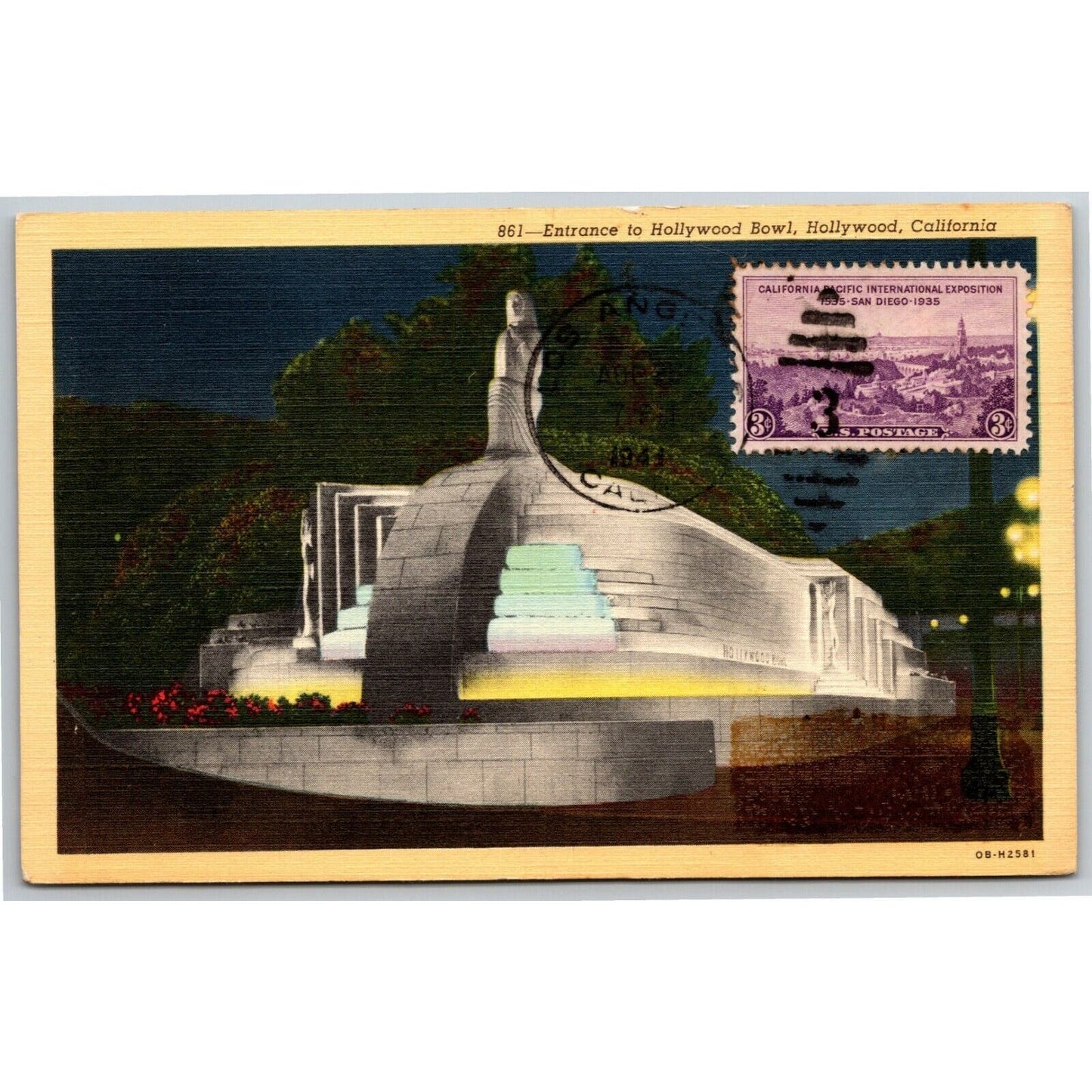 Vintage Linen Hollywood Bowl California Postcard PM Front Stamp & PM 1941