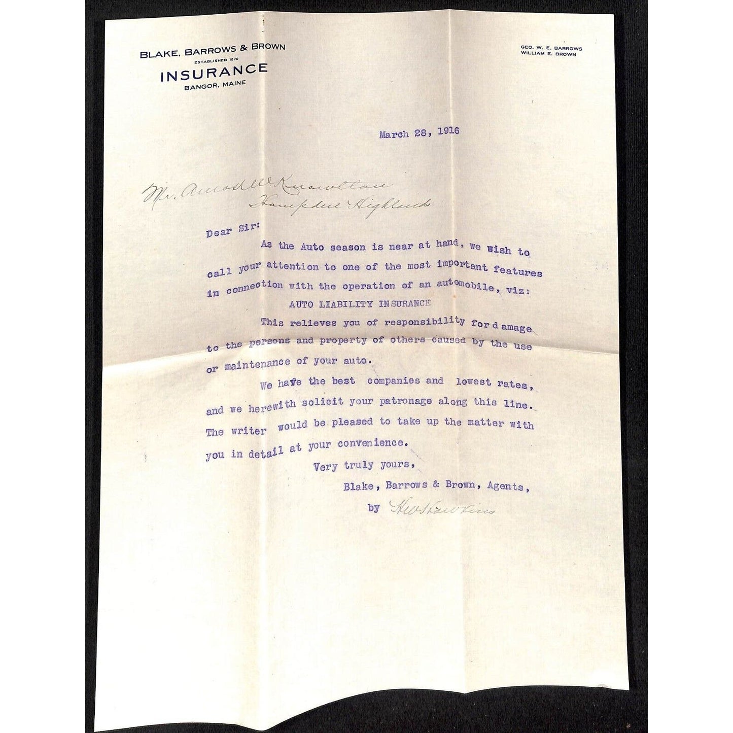 Newburgh, ME Amos W. Knowlton* 1916 Ins. Letterhead Ink Blotter Statement Group