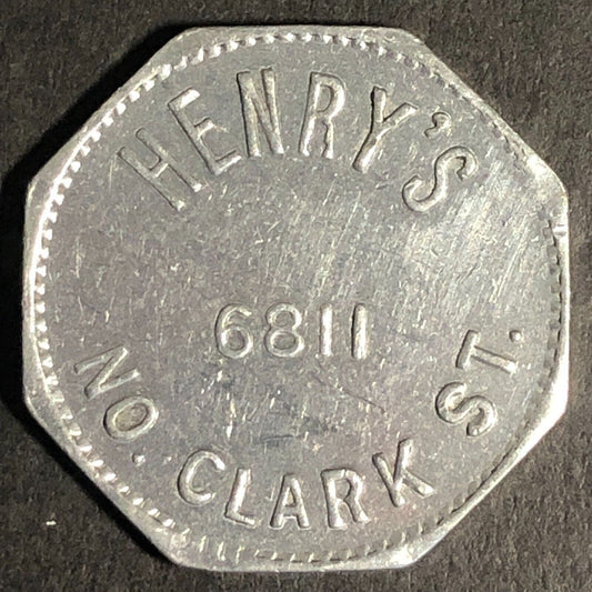 Henry's 6811 No. Clark St (Chicago) Alum G/F 5c Trade Token Hexagon - 23mm