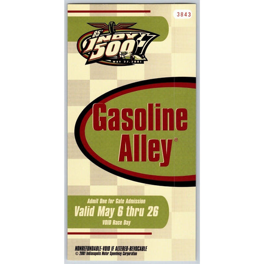 2001 Indy 500 Gasoline Alley Pass Indianapolis Motor Speedway IMS VGC #3843