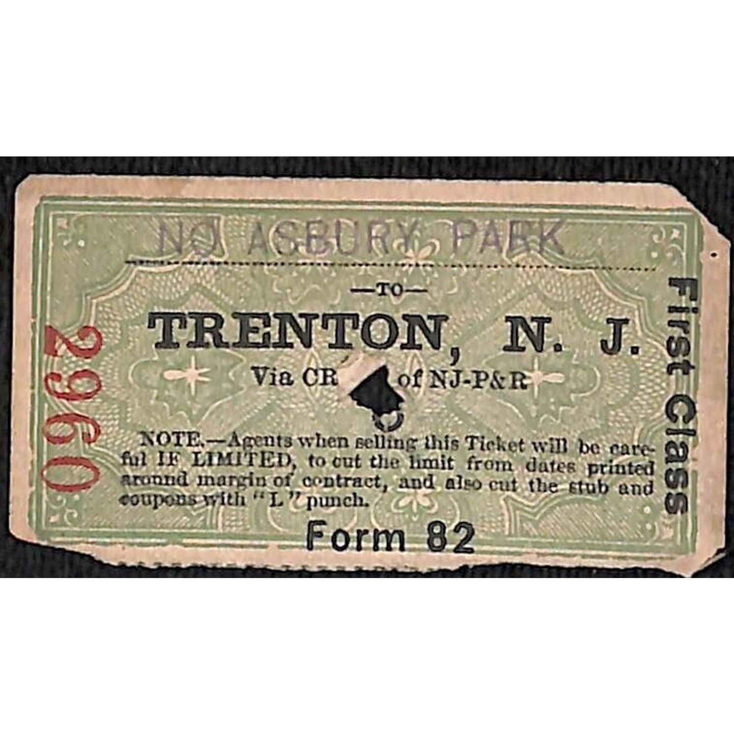New York & Long Branch Railroad 1896 Trenton, NJ / North Asbury Park #2960