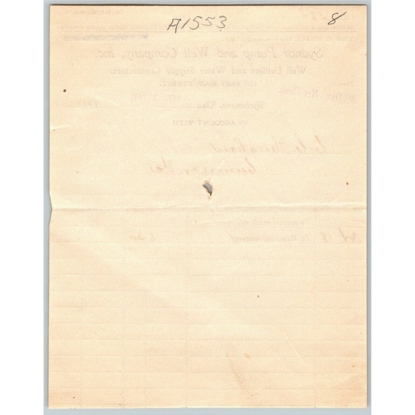 1915 Scarce Sydnor Pump and Well Company Billhead Letterhead Richmond, VA