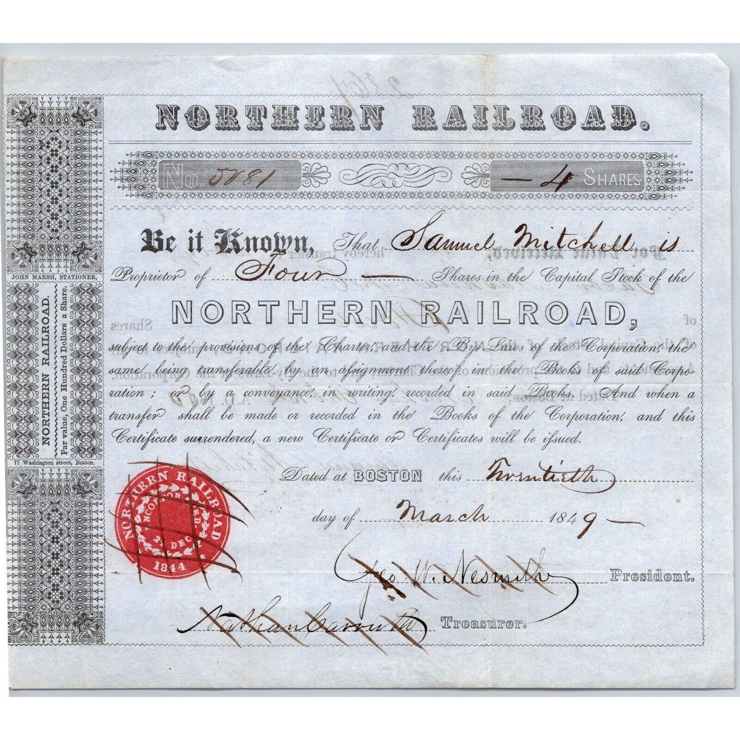 1849 Boston, MA Northern Railroad Stock Certificate No. 5081 ? for 4 Shares