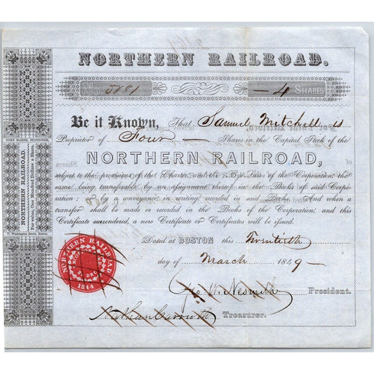 1849 Boston, MA Northern Railroad Stock Certificate No. 5081 ? for 4 Shares