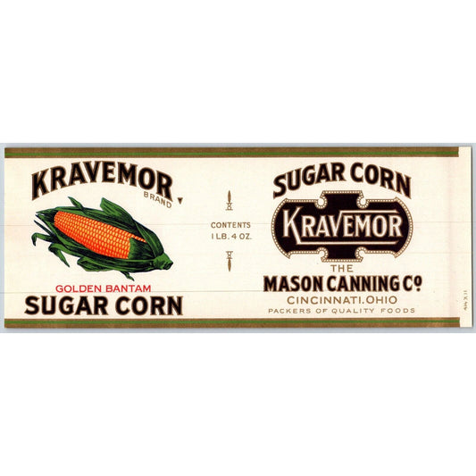 Kravemor Sugar Corn Paper Can Label Mason Canning Cincinnati c1920's Scarce