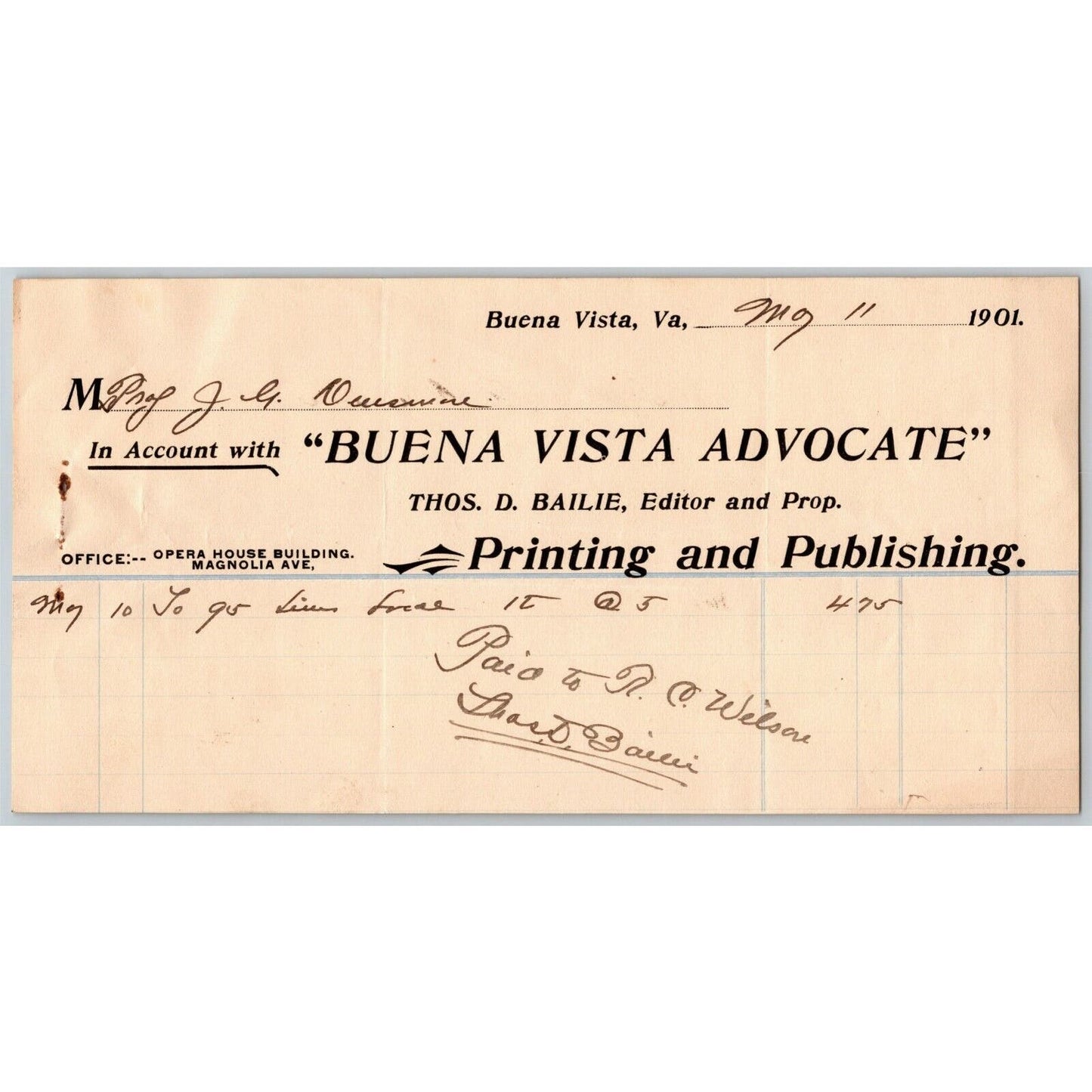 1901 Scarce Buena Vista Advocate Printing Bailie Editor Billhead Letterhead VA