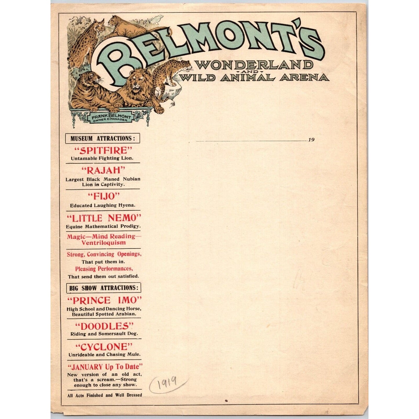 Belmont's Wonderland and Wild Animal Arena Circus Letterhead c1919 Very Scarce