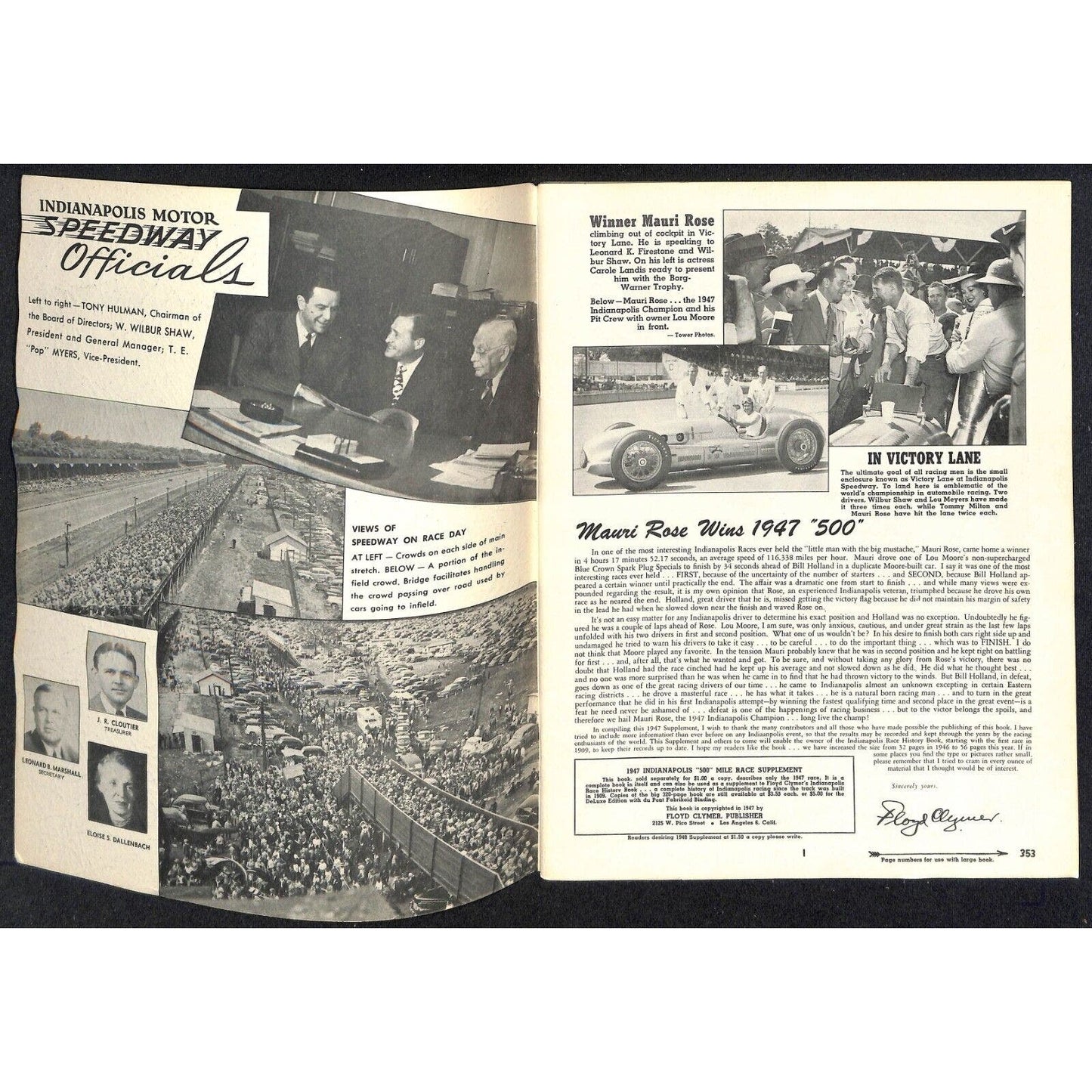 1947 Indy 500 Floyd Clymer's Indianapolis Race History IMS 55pp - VGC