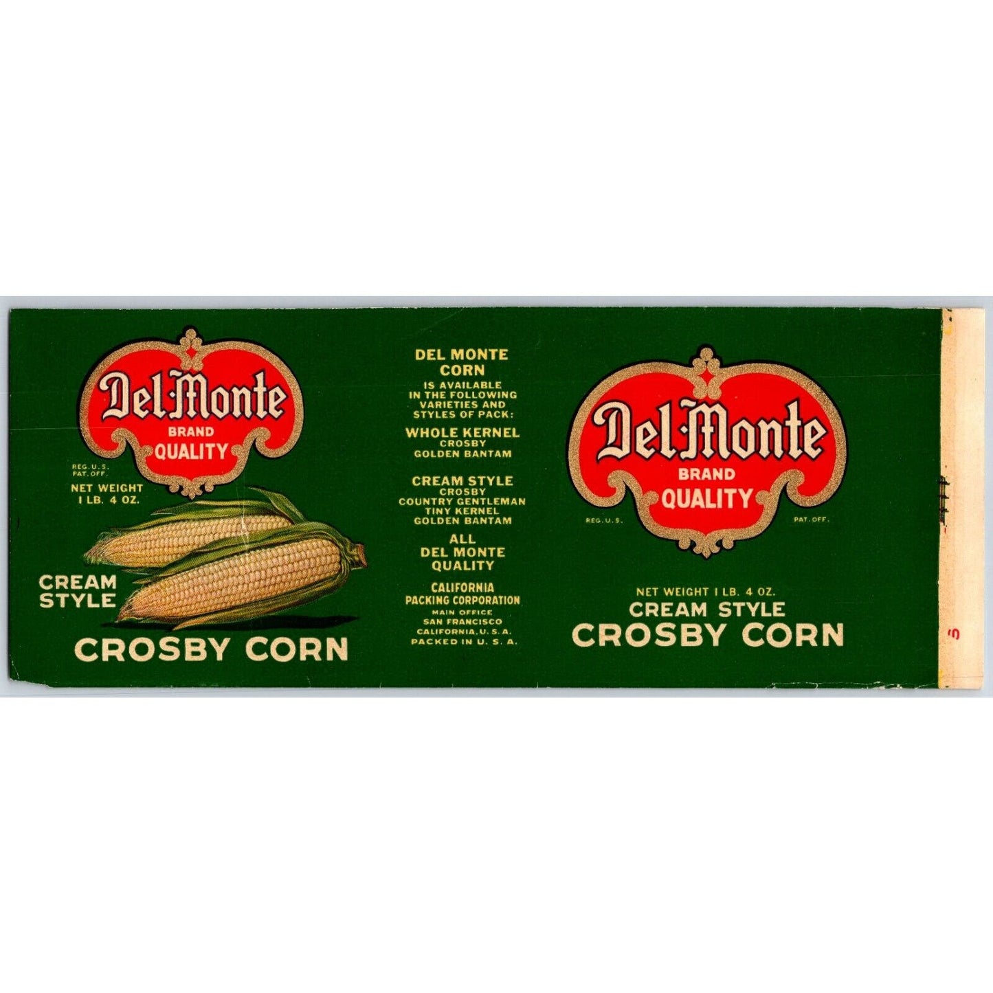 Del Monte Crosby Corn Cream Style Paper Can Label c1930's