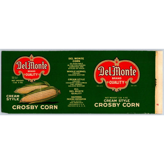 Del Monte Crosby Corn Cream Style Paper Can Label c1930's