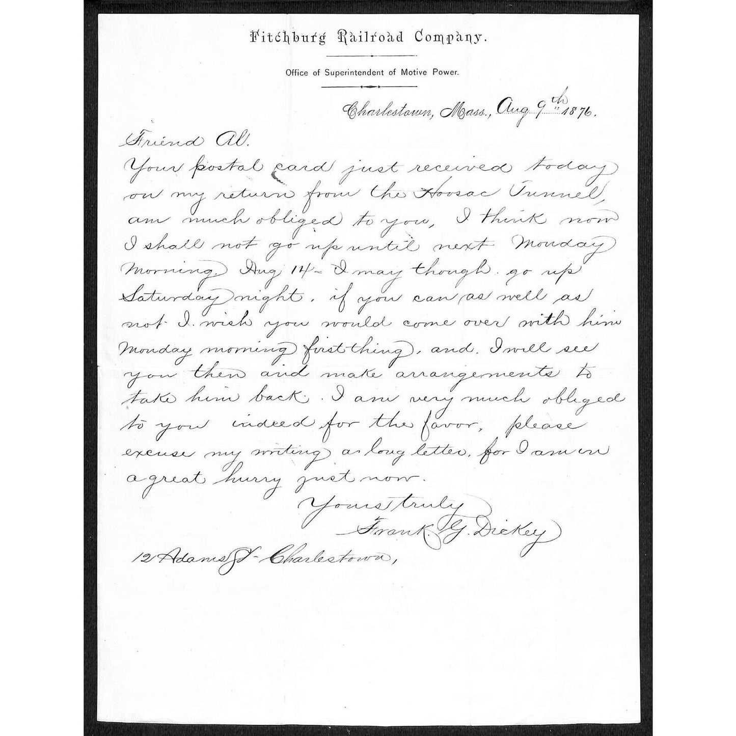 Fitchburg Railroad Co. Charleston, MASS 1876 From Frank G. Dickey ALS Letterhead